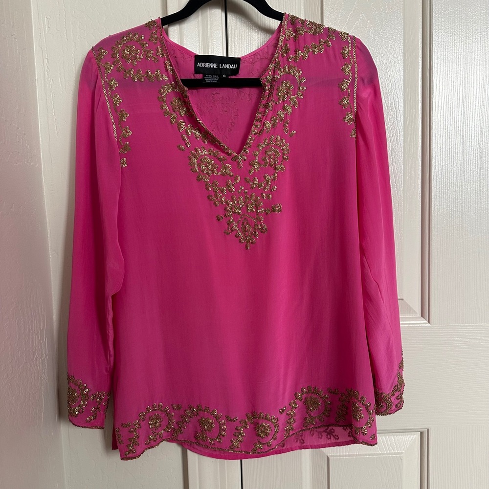 Adrienne Landau 100% Silk Beaded Silk Tunic Blouse in Hot Pink - Size Small